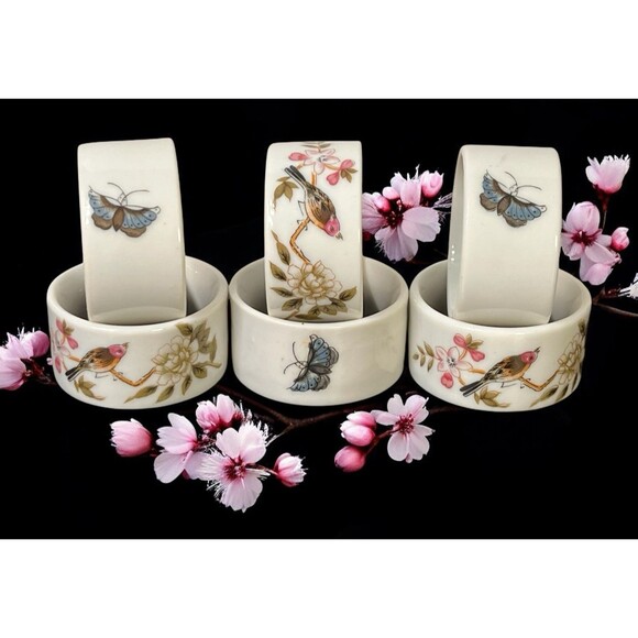 Shafford Chinese Garden with Bird, Butterfly, Flowers Napkin Rings Set 6 Japan A - Picture 1 of 16